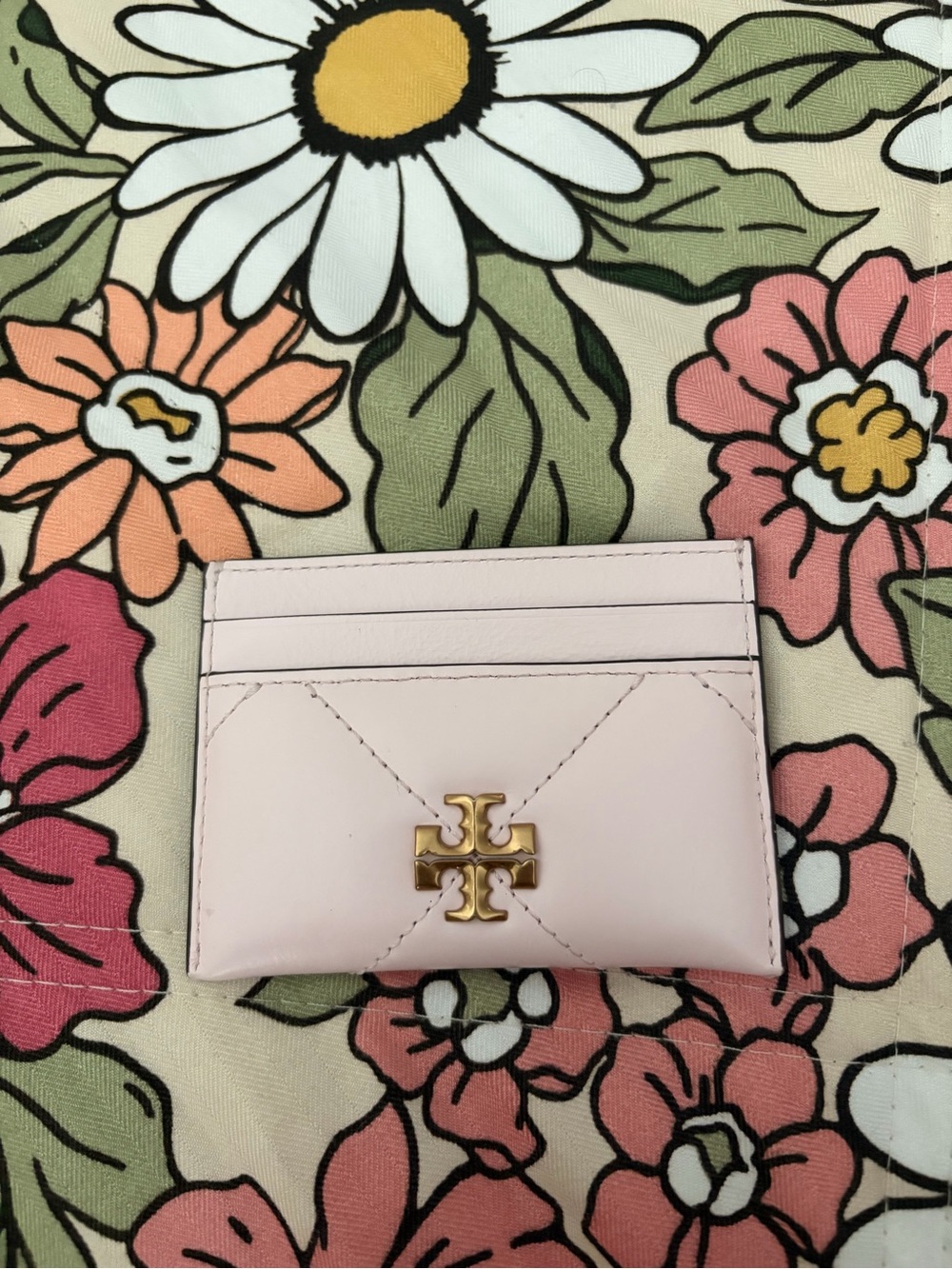 Tory Burch Pale Pink Quilted Card Case with Gold Logo
